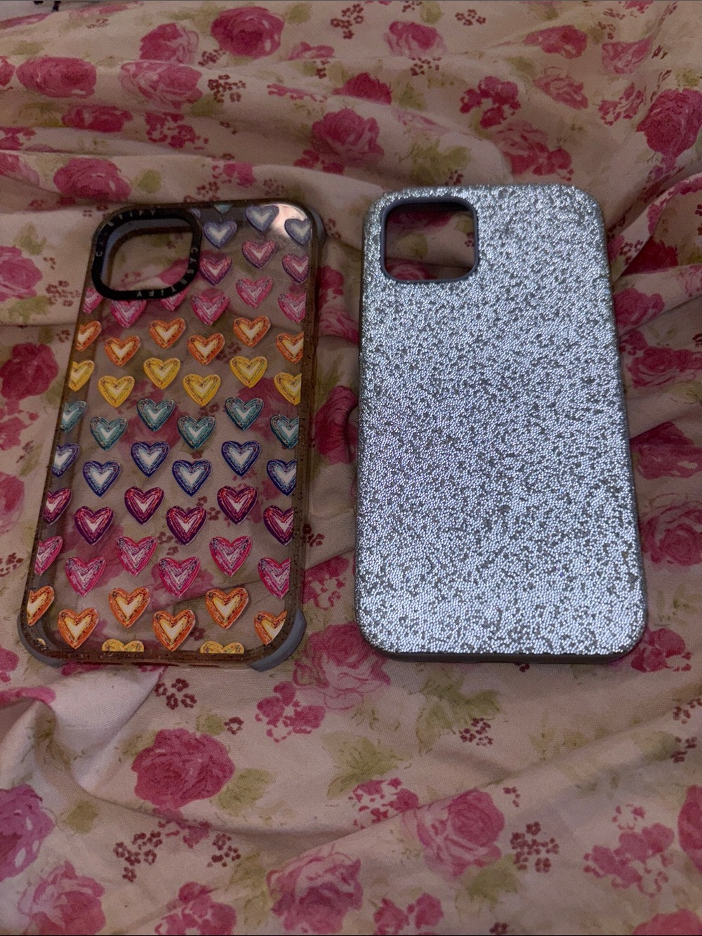 Swarovski Duo Phone Case Set – Multicolor Heart Print & Silver Glitter iPhone 13